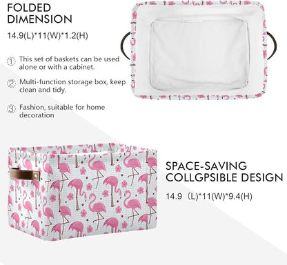 Pink Flamingos Storage Basket Bin, Large Cube Storage Box Canvas Collapsible Storage Organizer for Home Office Closet - 15 L x 11 W x 9.5 H