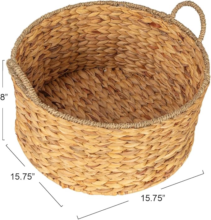Household Essentials Round Handwoven Water Hyacinth and Seagrass Basket with Handles, Natural