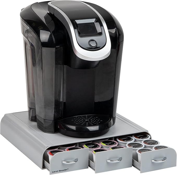 Mind Reader Single Serve Coffee Pod Organizer with 3 Drawers, 36 Pod Capacity, Countertop, 13.5"L x 12.25"W x 2.5"H, Gray