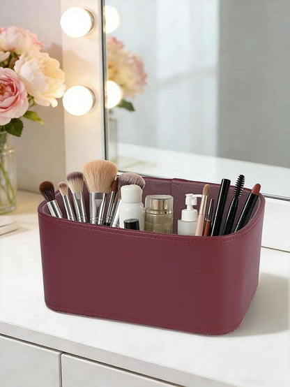 HofferRuffer Faux Leather Storage Baskets Bins with Velvet Lining for Organizing, Storage, Gifts, Set of 3 Nesting Shelf Baskets Decorative Storage Boxes for Home Organization (Dark Red)