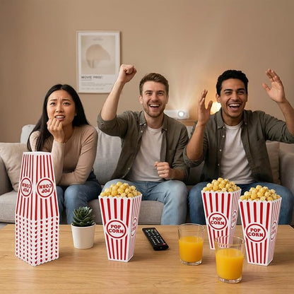 Tebery 20 Pack Plastic Popcorn Boxes Open-Top, Reusable Popcorn Bucket Container for Movie Night, Classic Red White Striped Party Snack Bowls for Party Favors, Birthday, Carnival, 7.5" x 4"