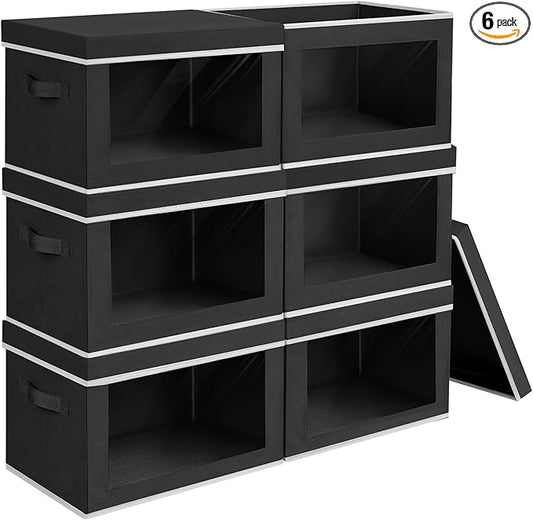 Homsorout Large Storage Bins with Lids - Fabric Storage Cubes with Window, Collapsible Bins for Clothes, 15.7 Inch Large Baskets for Bedroom, Dorm, Office, Black, 6 Pack