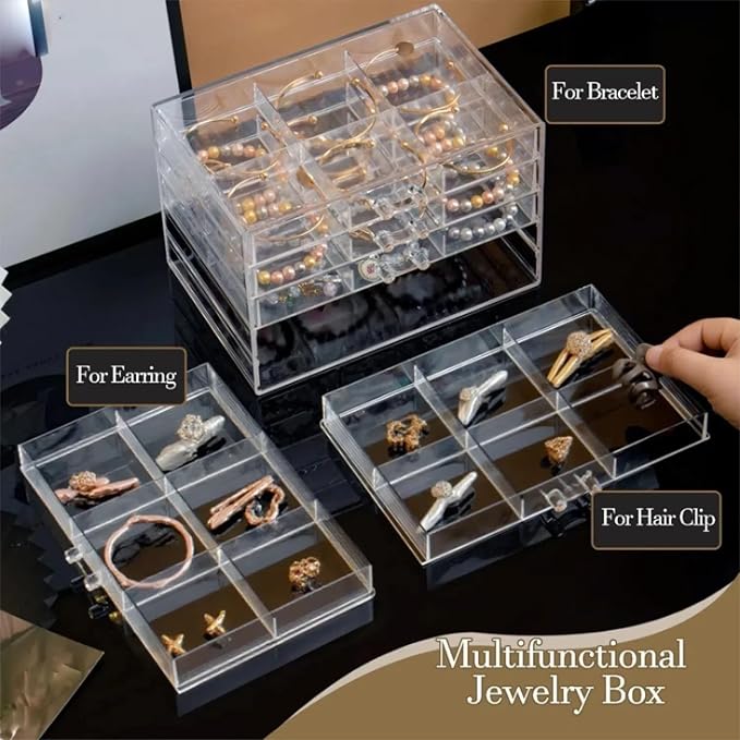 Earring Organizer, Acrylic Earring Box Large 30 Compartments jewelry organizers and storage with 5 Drawers Stackable Earring Bracelet Storage Case Jewelry Boxes for Women (Clear)