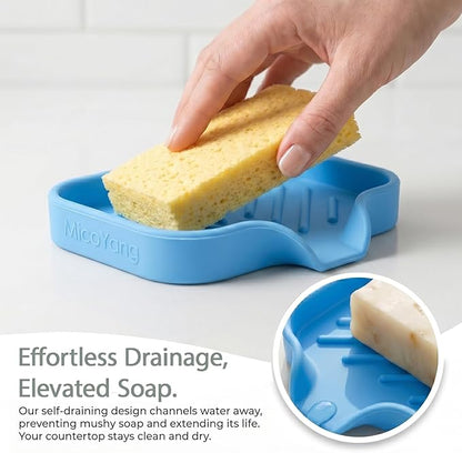 MicoYang Silicone Bathroom Soap Dishes with Drain Spout-Bathroom and Kitchen Sink Organizer,Sponge Holder,Dish Soap Tray,Perfect for Dispenser,Scrubber,Bottle on Sink or Counter-Light Blue 4.9"×3.2"