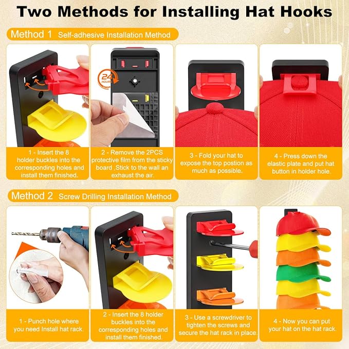 Coopache Hat Organizer for Baseball Caps 2 Pack, Hat Rack for Hanger Wall or Door Ball Cap Storage Holder for 16 Hats Hanging (Black & Color)