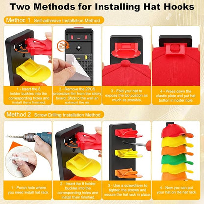 Coopache Hat Organizer for Baseball Caps 2 Pack, Hat Rack for Hanger Wall or Door Ball Cap Storage Holder for 16 Hats Hanging (Black & Color)