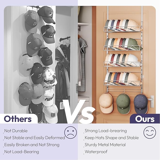 SWTYMIKI Over Door Hat Organizer - 5 Tier Wall Mounted Hat Rack with 4 Adjustable Metal Basket Heights Design and 3 Hooks, Baseball Cap Organizer Storage Holds up to 49 Caps for Door, Bedroom, Closet