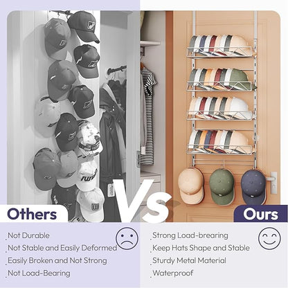 SWTYMIKI Over Door Hat Organizer - 5 Tier Wall Mounted Hat Rack with 4 Adjustable Metal Basket Heights Design and 3 Hooks, Baseball Cap Organizer Storage Holds up to 49 Caps for Door, Bedroom, Closet