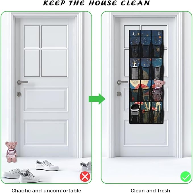 Moon Door Hanger Organizer 12 Pockets Over The Door Closet Organizer Space Saving Mushrooms Multi-Funtion Storage Bag for School