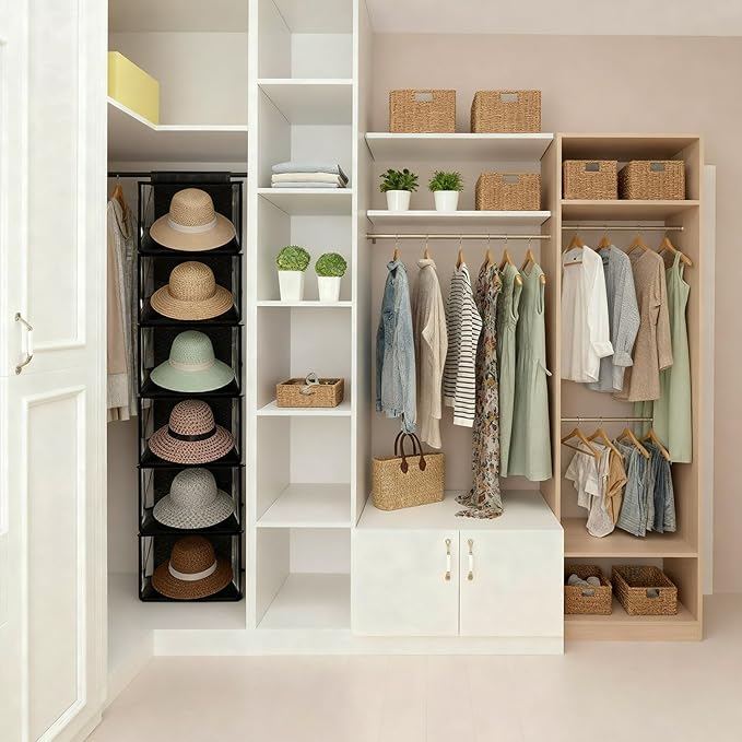 Briwooody 2 Pack XL Cowboy Hat Rack for Closet, 6 Shelf Hanging Hat Organizer for Wide Brim Caps, Dustproof Storage with Cover, Space Saving Closet Organizer for Cowboy Fedora Western Caps