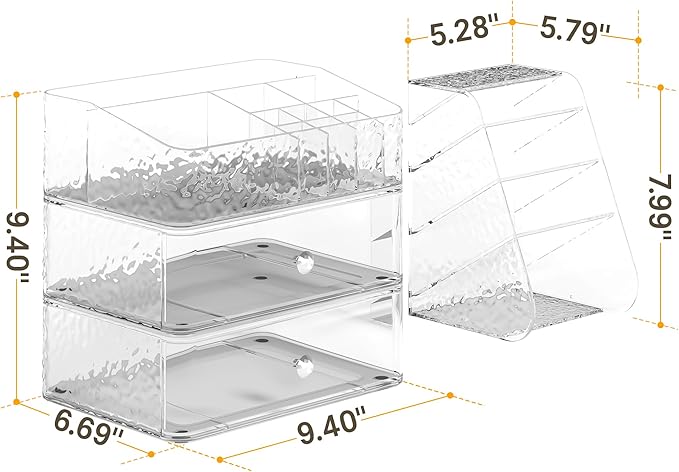Makeup Organizer with Brush Holder Plastic Makeup Drawers For Vanity Clear Stackable Storage Case Makeup Organizer For Skincare, Brushes, Lipstick, Nail Polishes, Perfumes, Eyeshadow Palettes