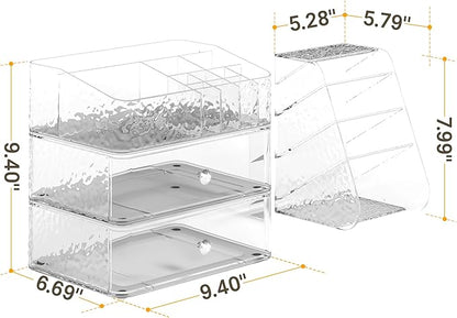 Makeup Organizer with Brush Holder Plastic Makeup Drawers For Vanity Clear Stackable Storage Case Makeup Organizer For Skincare, Brushes, Lipstick, Nail Polishes, Perfumes, Eyeshadow Palettes