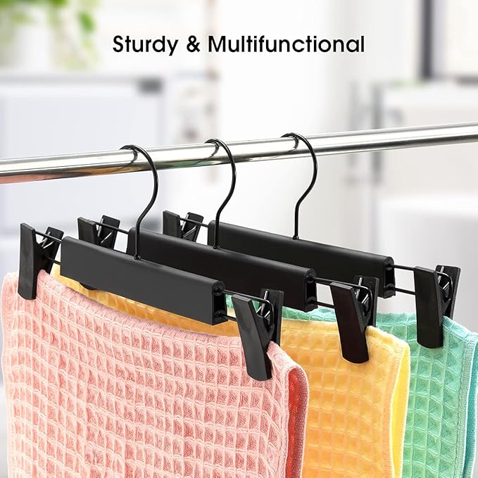 GUANJUNE 10 Pack Clothes Pants Hangers, Space-Saving Skirt Holders with 360 ° Swivel Hooks, Adjustable Clips, Trouser Coat Garment Jeans Black