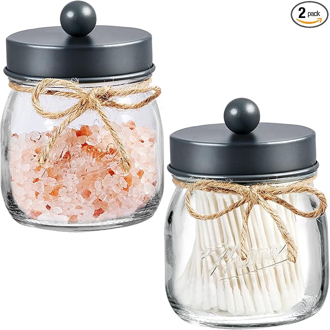 SheeChung 2 Pack Qtip Holder, Bathroom Jars, Cotton Swab Holders, Cute Mason Jars Bathroom Shelf Decor for Cotton Balls, Floss Picks - Vintage Gray