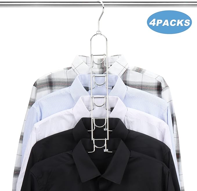 Mastom Space Saving Clothes Hangers, Multilayer Metal Hanger 4 Pack 5 in 1 Space Saver Coat Hangers, Anti-Slip Foam Padded Shirt Suit Hanger for Closet Storage Organizer