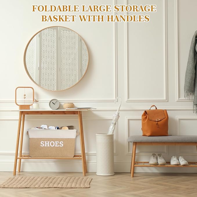 Lukeline Fabric Shoe Basket for Entryway, Hallway or Mudroom - Flodable Space-Saving Storage Bin for Closet, Decorative Home Decor (Beige)