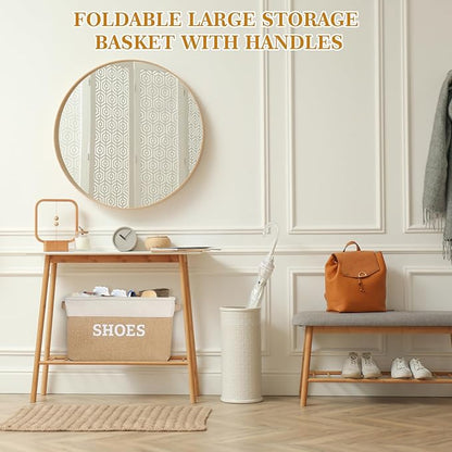 Lukeline Fabric Shoe Basket for Entryway, Hallway or Mudroom - Flodable Space-Saving Storage Bin for Closet, Decorative Home Decor (Beige)