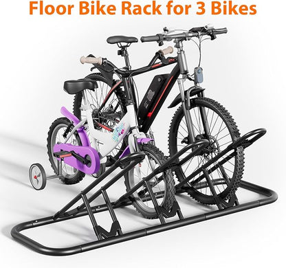 Mr IRONSTONE Bike Rack, Floor Storage Stand for Garage, Indoor/Outdoor Parking Holder, Fits Mountain, Road & Kids Cycles (Black, 3-Slot)