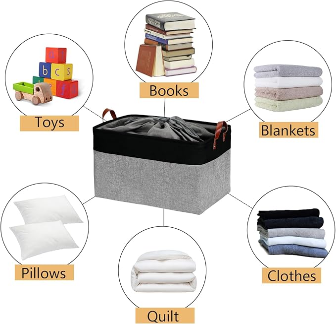 DULLEMELO Extra Large Canvas Fabric Storage Basket, 70L Foldable Closet Storage Bin with Handles, 22" Large Blanket Basket Living Room for Storage Toys, Pillows, Clothes, Books (Black&Grey)