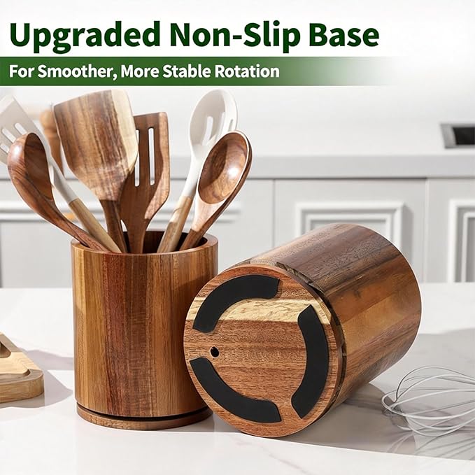 Wooden Utensil Holder, 360°Rotating 7.3'' Large Utensil Holder for Kitchen Counter, Kitchen Utensil Organizer, Utensil Crock, Farmhouse Kitchens Countertop Decor, Bamboo Wood