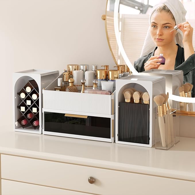 Large Makeup Organizer for Vanity with Brush Holder and Lipstick Display Stand, Countertop Cosmetic Storage with Drawer for Skincare, Nail Polish, Perfume and Eyeshadow Palettes