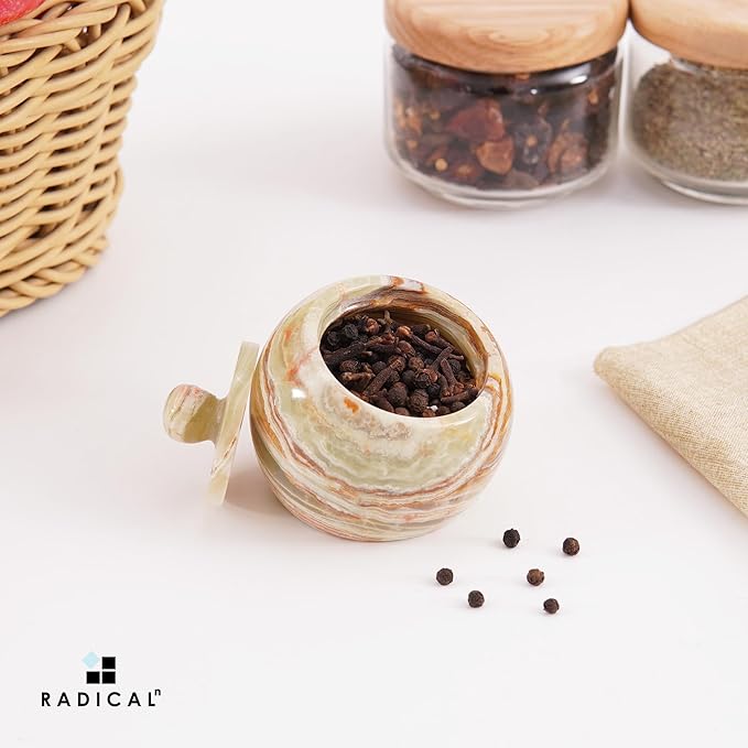 Radicaln Marble Salt Cellar with Lid 3" Inch Green Onyx Salt Jar & Table Salt Storage For Kitchen Countertop, Ideal Salt Container, Salt Dish & Sugar Bowl For Table