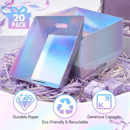 AFOROEOA 20PACK Laser Baskets For Gifts Empty, 12x10x4” Holographic Iridescent Gift Basket Kit with 20 Bows & 20 Bags - Bulk Empty Gift Baskets to Fill for Large Weddings, Parties