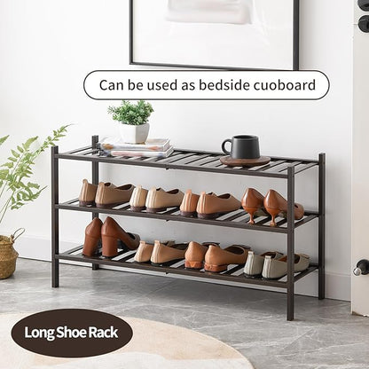 Long Shoe Rack, 3-Tier Bamboo Stackable Shoe Shelf Storage Organizer, Shoe Stand for Closet, Entryway and Hallway