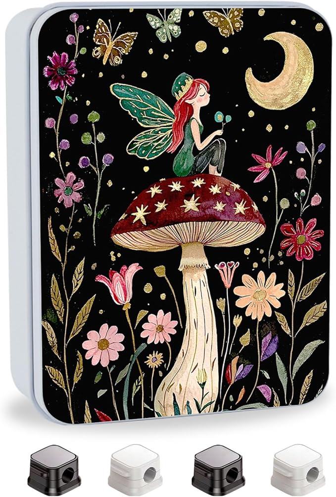 Metal Tin Box with Lid for Game Cards Home Organizer Candles Keys Crafts Storage - Equipped with 4 Magnetic Cord Clips，Mushroom Fairy and Moon