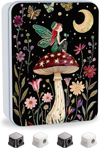Metal Tin Box with Lid for Game Cards Home Organizer Candles Keys Crafts Storage - Equipped with 4 Magnetic Cord Clips，Mushroom Fairy and Moon
