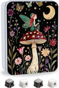 Metal Tin Box with Lid for Game Cards Home Organizer Candles Keys Crafts Storage - Equipped with 4 Magnetic Cord Clips，Mushroom Fairy and Moon