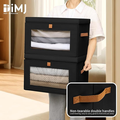 DIMJ Storage Bins with Lids - 4 Pack Large Fabric Closet Organizer with Window & Handles, Collapsible Decorative Storage Boxes for Shelves Under Bed, Books Clothes Blankets Sweaters Organization
