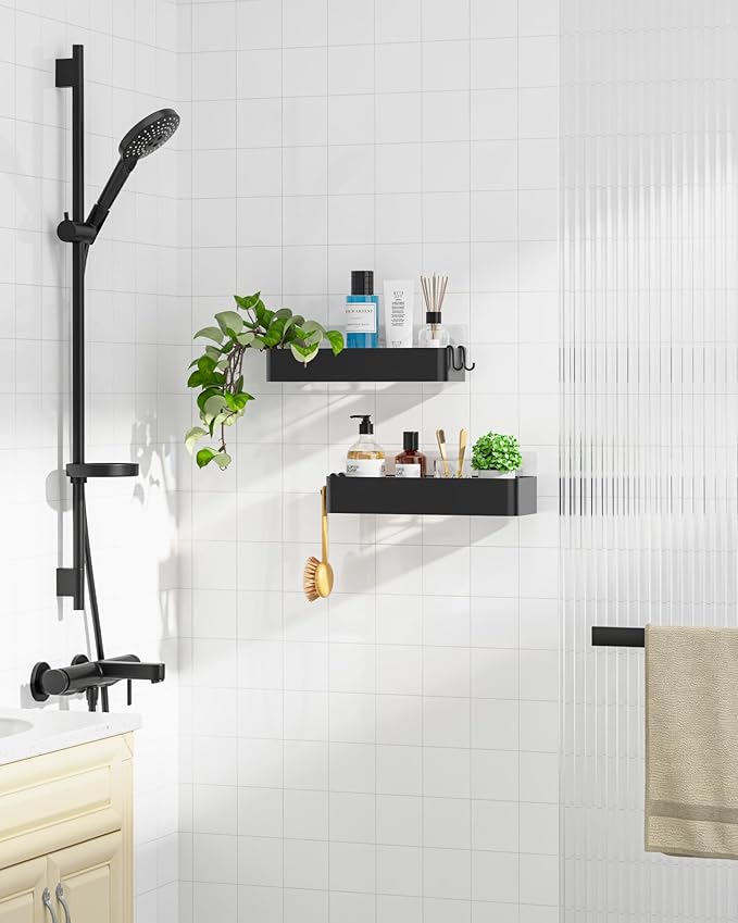 Kitsure Shower Caddy - 2 Pack Adhesive Shower Organizer, Rustproof Metal Shelves, No-Drill Bathroom Organizers and Storage, Black, Large