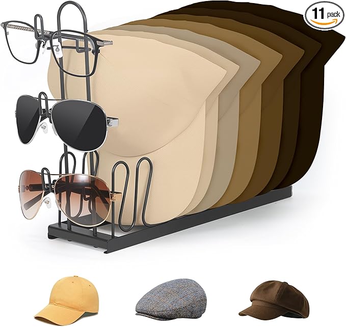 Hat & Sunglasses Organizer Rack, Foldable Storage Stand for 8 Baseball Caps & 3 Glasses – Space-Saving Hat Holder, Gift for Hat Lovers, Ideal for Closet, RV, Bedroom, or Vanity Table