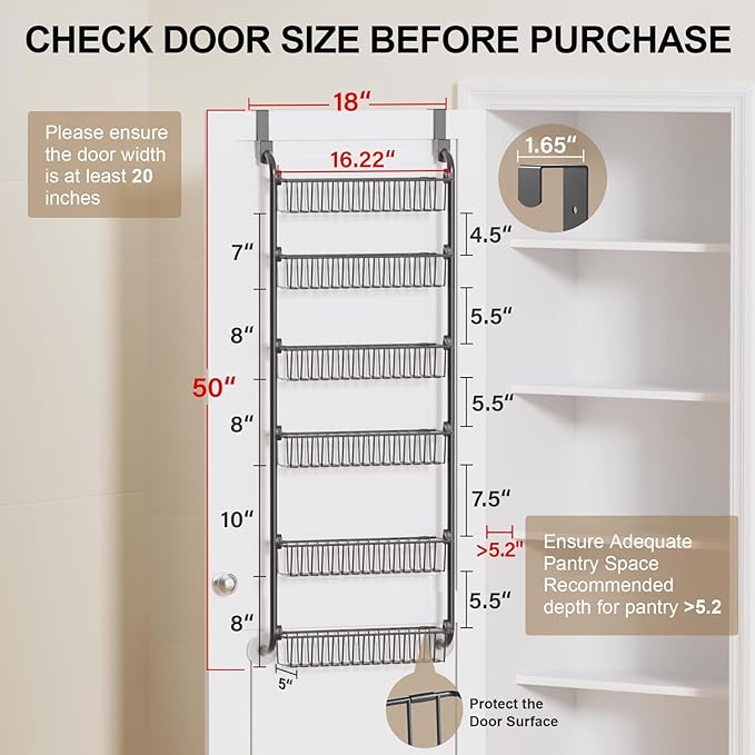 Delamu Over the Door Pantry Organizer, 6-Tier Metal Pantry Door Organization and Storage, Hanging Kitchen Basket Spice Rack Seasoning Shelves, Cabinet Door Organizer for Easy Install,D5xW18xH50inch