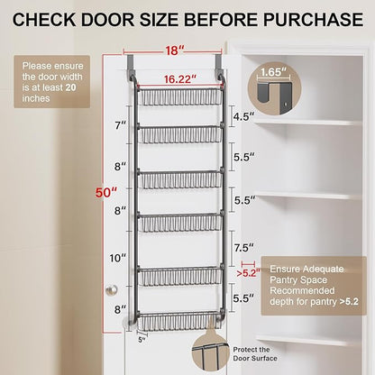 Delamu Over the Door Pantry Organizer, 6-Tier Metal Pantry Door Organization and Storage, Hanging Kitchen Basket Spice Rack Seasoning Shelves, Cabinet Door Organizer for Easy Install,D5xW18xH50inch