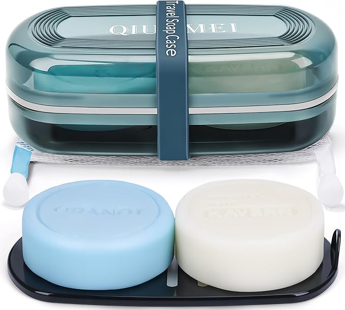 Shampoo Bar Holder and Soap Case | Leakproof Travel Container with Lid & Drain Tray | Includes Silicone Strap and Mesh Soap Bag | for Bathroom, Shower, Camping, Gym Travel (Blue, Large)