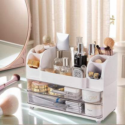 Makeup Organizer with 2 Drawers, Cosmetic Display Case, Storage Holder for Vanity, Bathroom Counter, Desk, Beauty Supplies (White)
