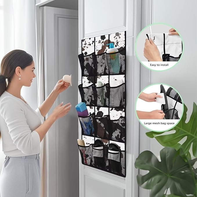 Cowhide Pattern Door Hanger Organizer Mesh Fabric 12 Pockets Over The Door Shoe Organizer for Camping White Wall Hanging Storage for Bathroom