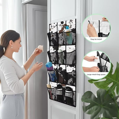 Cowhide Pattern Door Hanger Organizer Mesh Fabric 12 Pockets Over The Door Shoe Organizer for Camping White Wall Hanging Storage for Bathroom