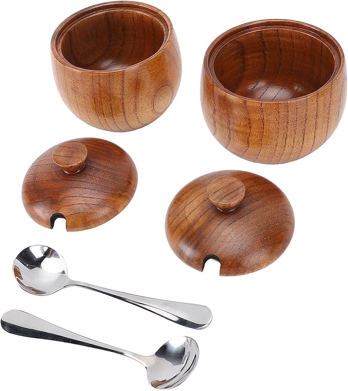 Yosoo Health Gear Wood Salt Bowl 2pcs Wood Salt and Bowl with Lids and Spoons, Multifunctional Salt Jar with Lid Spoon for Sugar Condiment 3.3x2.6in Cellar and Storage Box