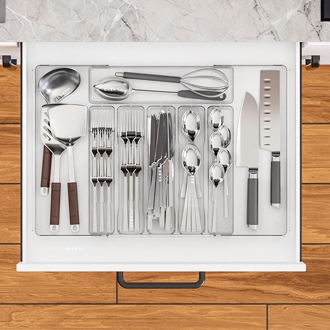 Yieach Clear Expandable Silverware Drawer Organizer - Adjust From 11'' to 22'' - Knife,Cutlery,Spoons and Forks Organizer,Large 8 Grid Flatware,Silverware Tray,Utensil Organizer for Kitchen Drawers