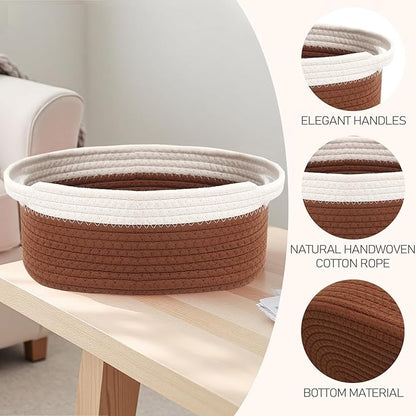 JMvicyroam Woven Basket,Small Rope Storage Bin with Handles & Ribbon Bag, Organizer for Shelves Closets,Gift Basket Empty for Birthday,Books,Dog Toys, White&Brown