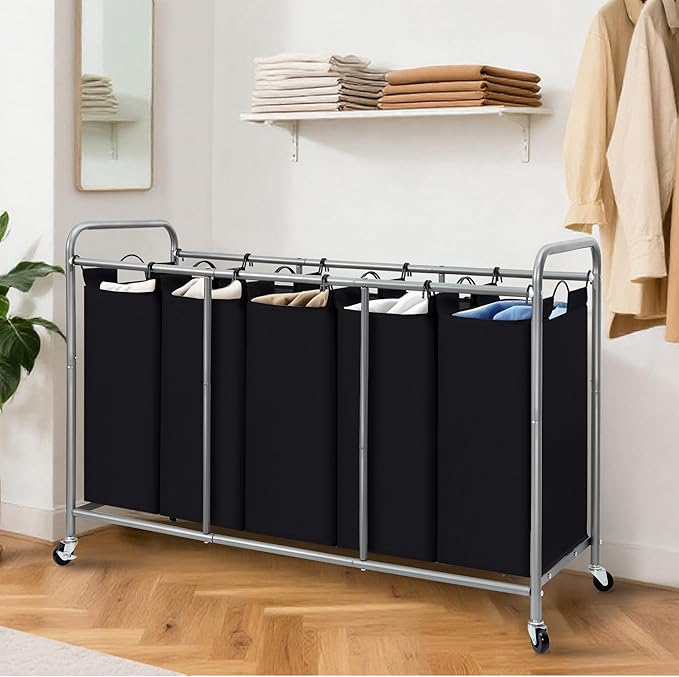 STORAGE MANIAC 5 Section Laundry Sorter, 5 Bins Rolling Separator Laundry Basket, Dirty Clothes Hamper Divider with Heavy Duty Rolling Lockable Wheels, Large Clothes Organizer Cart, Black