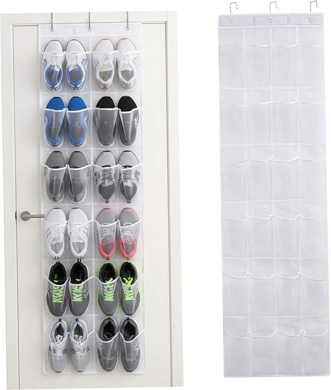 Shoe Hanger for Door 24 Mesh Pocket over the Door Shoe Organizer Space Saving Hanging Storage Holder with Hooks 64x19 Inch White