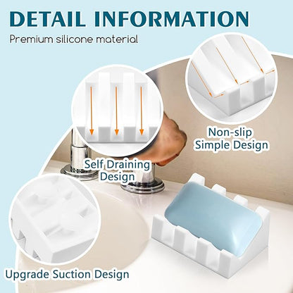 2 Pack Self Draining Silicone Soap Dish with Suction Cups - Non-Slip Bar Soap Holder for Shower & Kitchen, Waterfall Tray Keeps Soap Dry, Easy Clean, Extends Soap Life (Black-White)