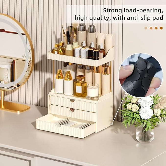StorBin 3 Drawers Bathroom Vanity Organizer Sidesplashes- 5 Tier Makeup Organizer, Versatile Perfume Organizer, Ideal for Bathroom Storage, Vanity, Large Skincare, Perfume, Present, Cream White