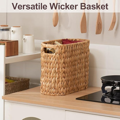 FairyHaus Wicker Toilet Paper Storage Basket with Buit-in Handles, 9 Rolls Natural Water Hyacinth Toilet Paper Holder Stand with Storage, Freestanding Handwoven Toilet Paper Holder Basket for Bathroom