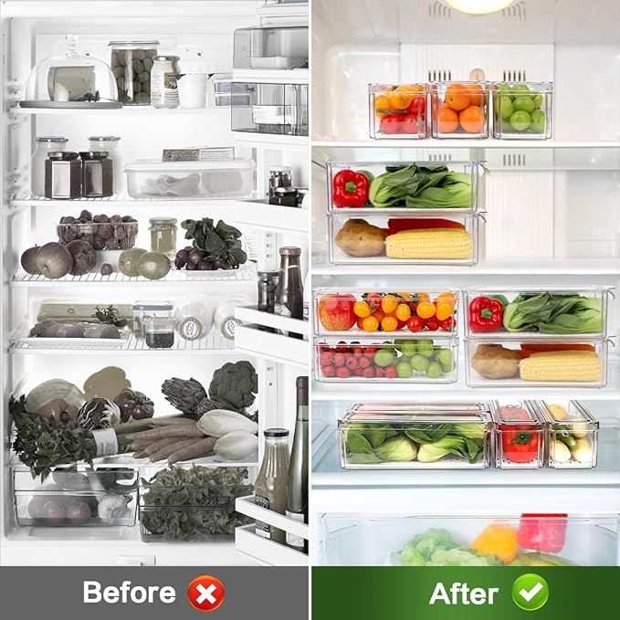 ZIJUND 6 Pack Fridge Organizer, Stackable Refrigerator Organizer Bins with Lids, BPA-Free Fridge Organizers and Storage Containers for Fruit, Vegetable, Food, Drinks, Cereals, Clear