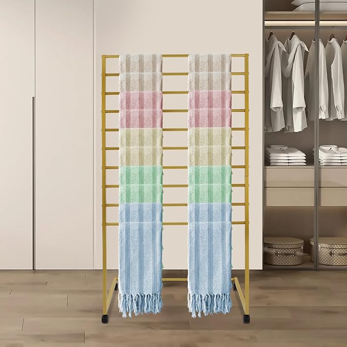 10 Tier Metal Scarf Holder Organizer, Freestanding Hijab Rack, Floor-Standing Hijab Stand for Boutique Display, Retail Store, Bedroom (Gold, 10 Tier)